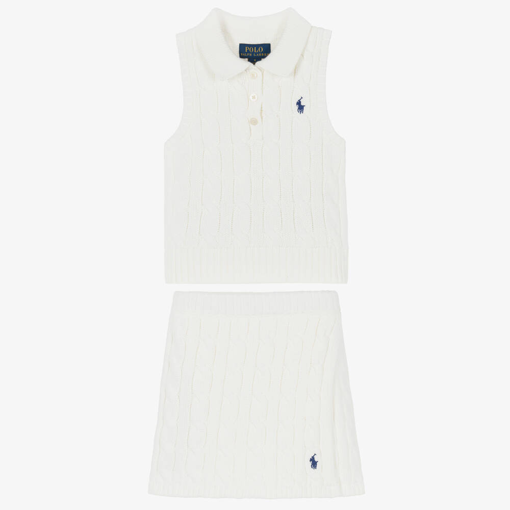Ralph Lauren-Girls Ivory Cotton Cable Knit Skirt Set | Childrensalon Outlet