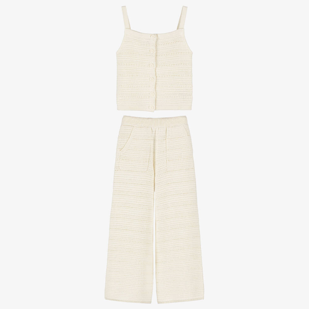 Ralph Lauren-Girls Ivory Cotton Crochet Trouser Set | Childrensalon Outlet