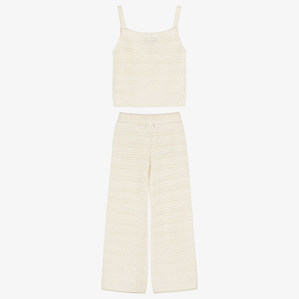 Ralph Lauren-Girls Ivory Cotton Crochet Trouser Set | Childrensalon Outlet