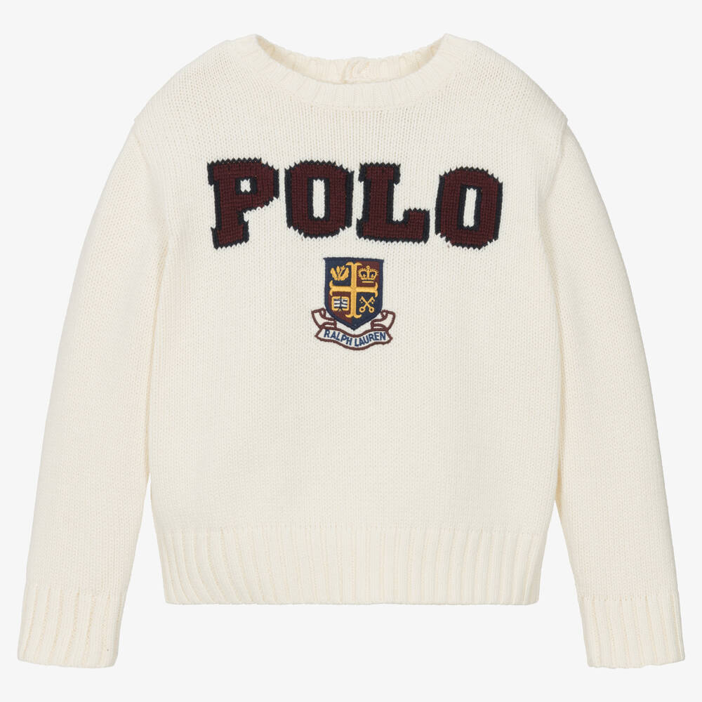 Ralph Lauren - Girls Ivory Cotton Knit Polo Sweater | Childrensalon