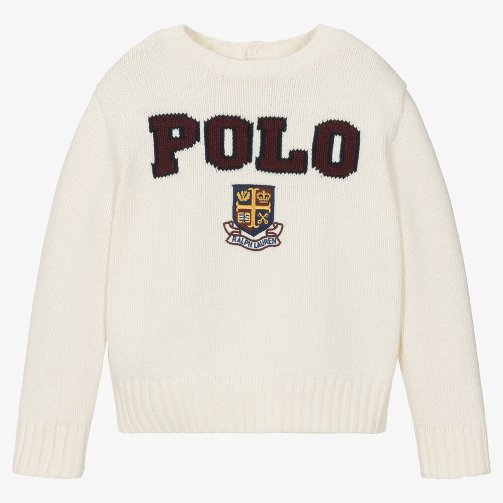 Girls Ivory Cotton Knit Polo Sweater