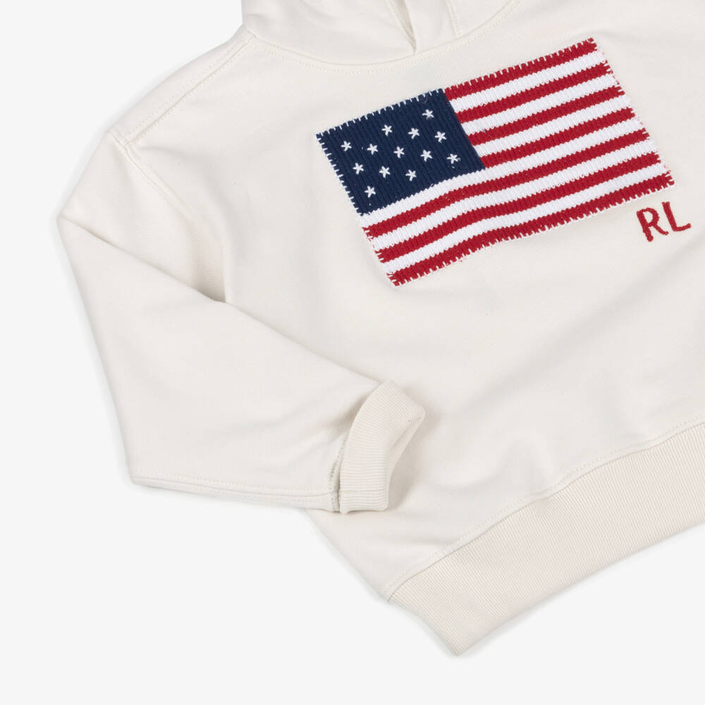 Ralph Lauren-Girls Ivory Cotton Logo Hoodie with Embroidered US Flag | Childrensalon Outlet