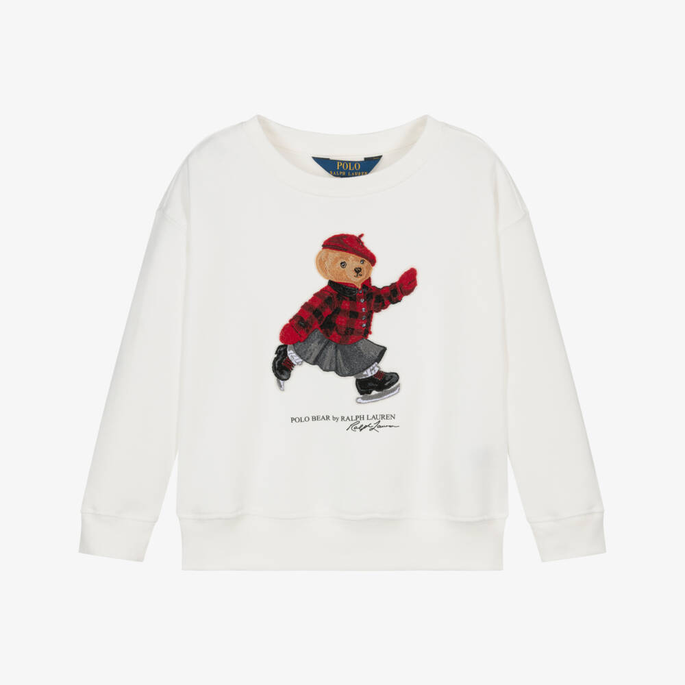 Ralph Lauren-Girls Ivory Cotton Polo Bear Sweatshirt | Childrensalon Outlet