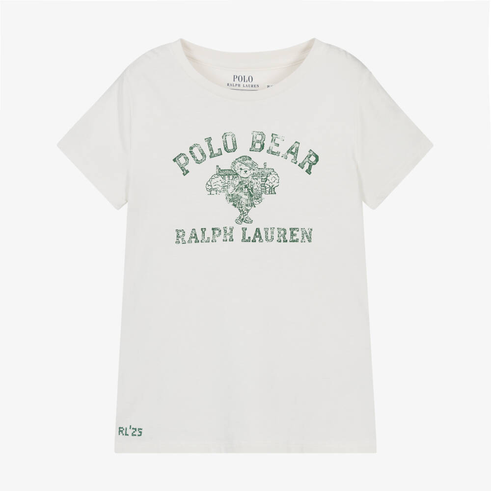 Ralph Lauren-Girls Ivory Cotton Polo Bear T-Shirt | Childrensalon Outlet