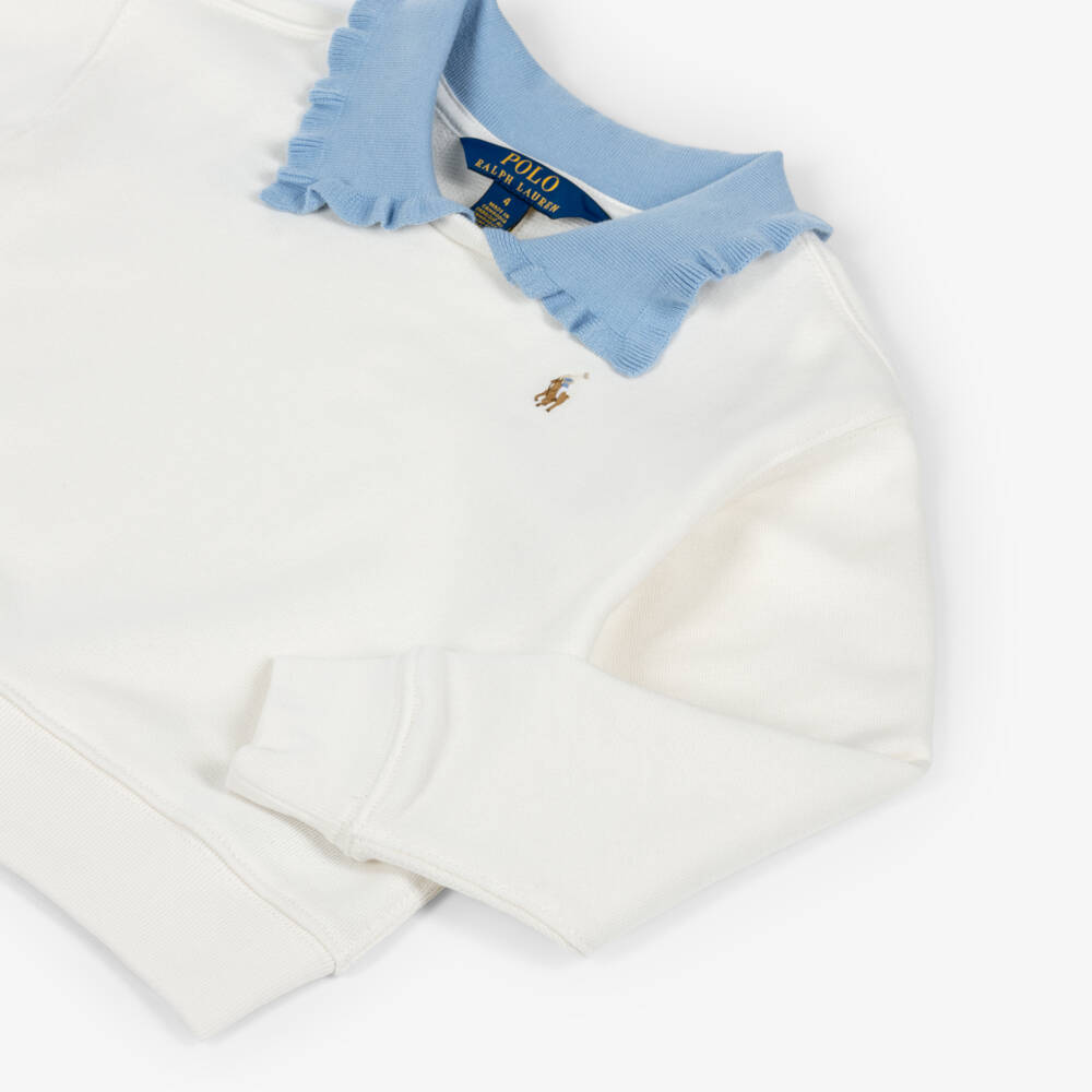 Ralph Lauren-Girls Ivory Cotton Sweatshirt with Blue Ruffle Collar | Childrensalon Outlet