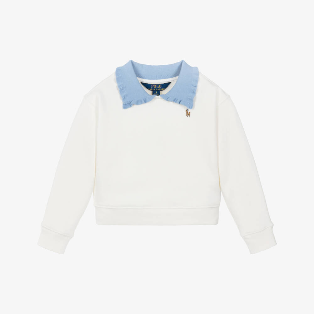 Ralph Lauren-Girls Ivory Cotton Sweatshirt with Blue Ruffle Collar | Childrensalon Outlet