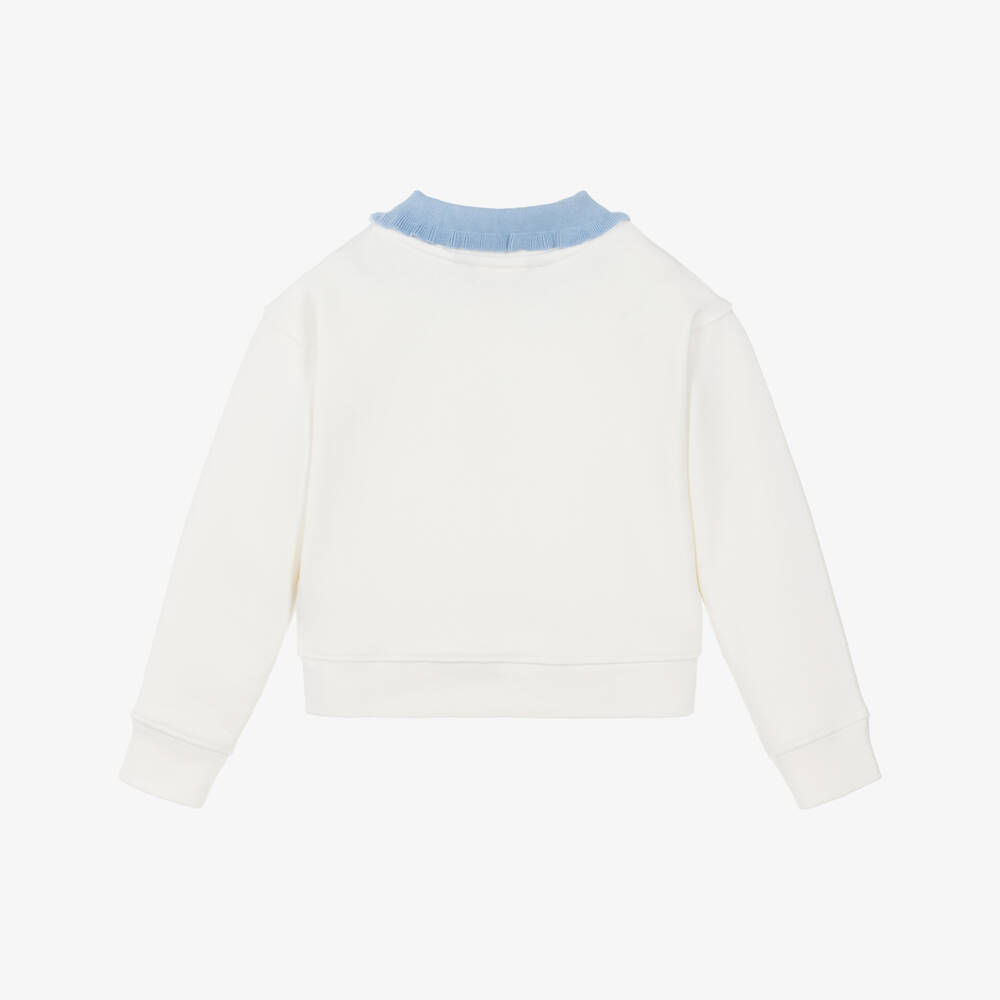Ralph Lauren-Girls Ivory Cotton Sweatshirt with Blue Ruffle Collar | Childrensalon Outlet