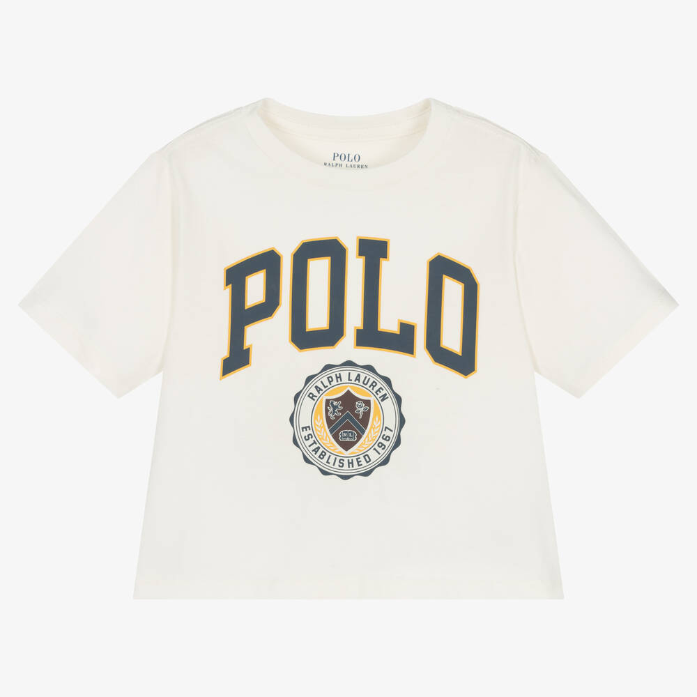 Ralph Lauren - T-shirt ivoire en coton fille | Childrensalon