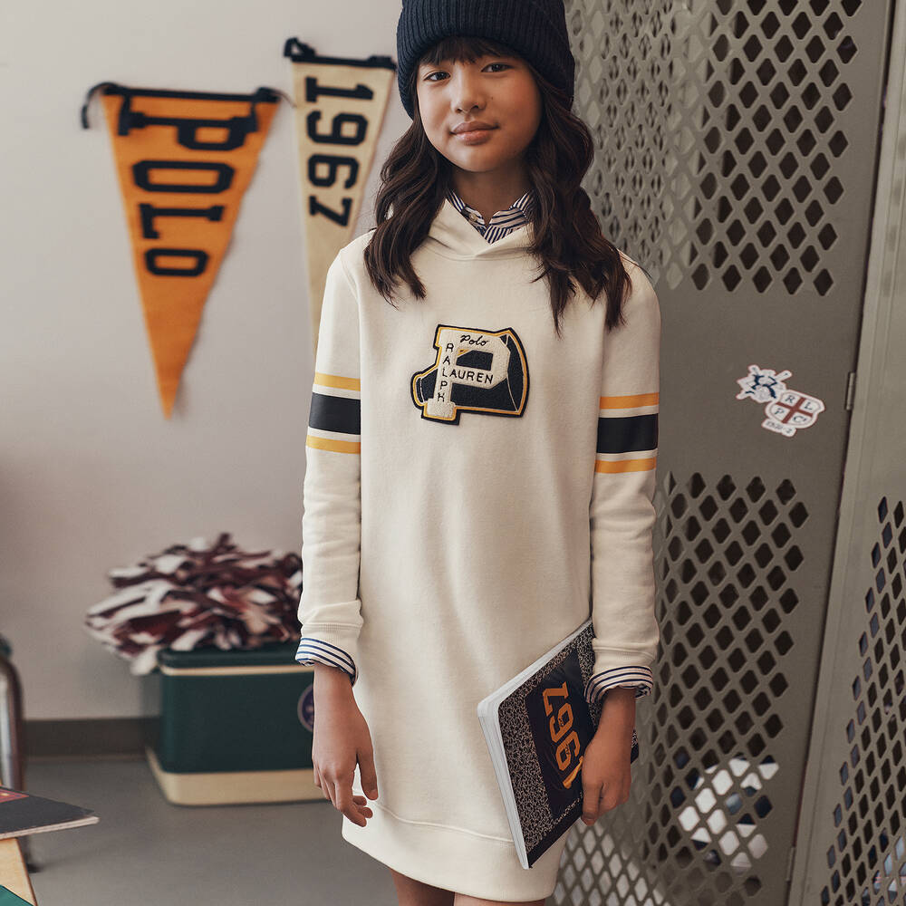 Ralph Lauren-Girls Ivory Cotton Varsity Hoodie Dress | Childrensalon Outlet