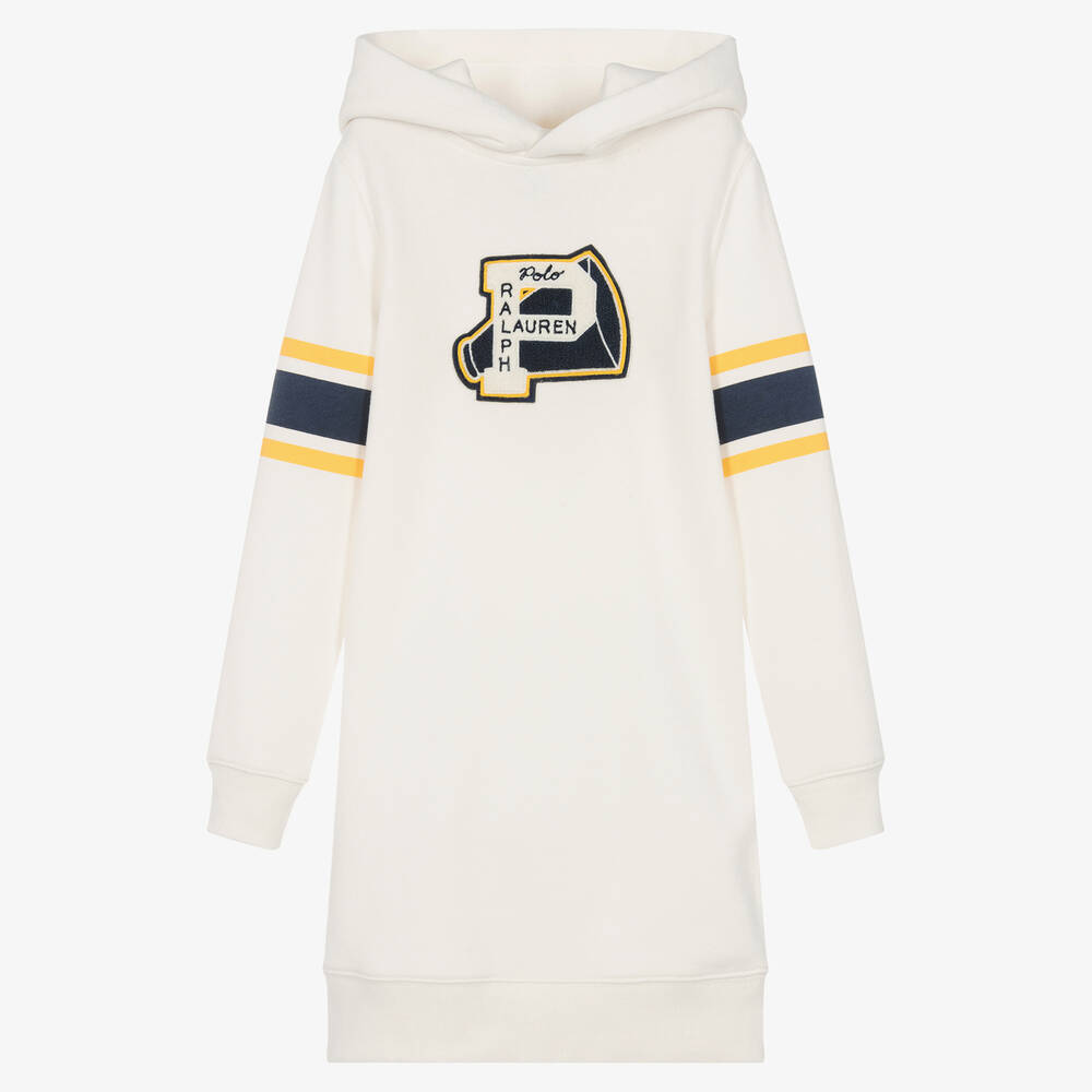 Ralph Lauren - Girls Ivory Cotton Varsity Hoodie Dress | Childrensalon