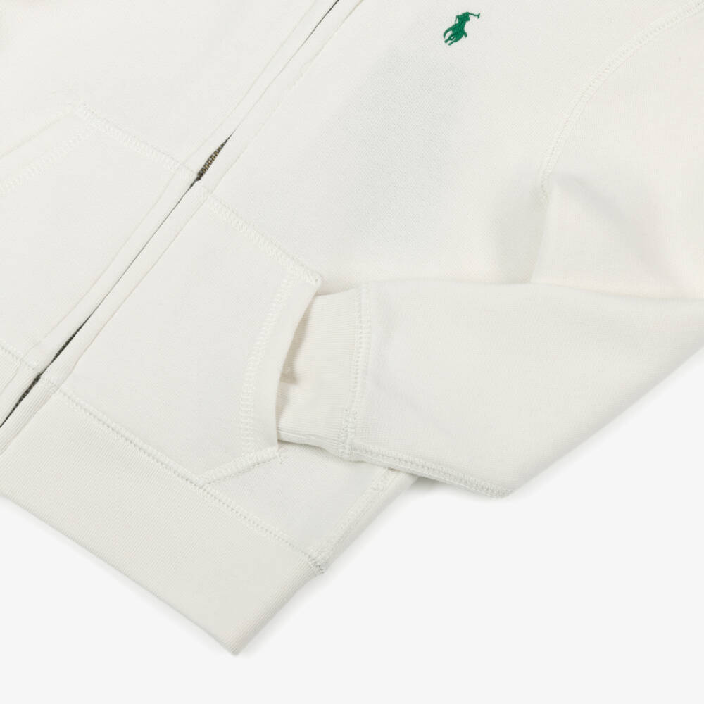 Ralph Lauren-Girls Ivory Cotton Zip-Up Hoodie with Pony Logo | Childrensalon Outlet