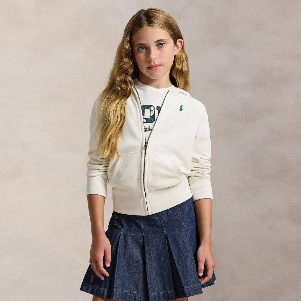 Ralph Lauren-Girls Ivory Cotton Zip-Up Hoodie with Pony Logo | Childrensalon Outlet