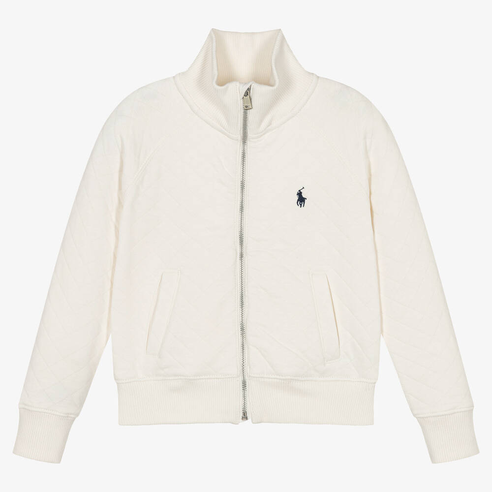 Ralph Lauren - Girls Ivory Cotton Zip-Up Top | Childrensalon