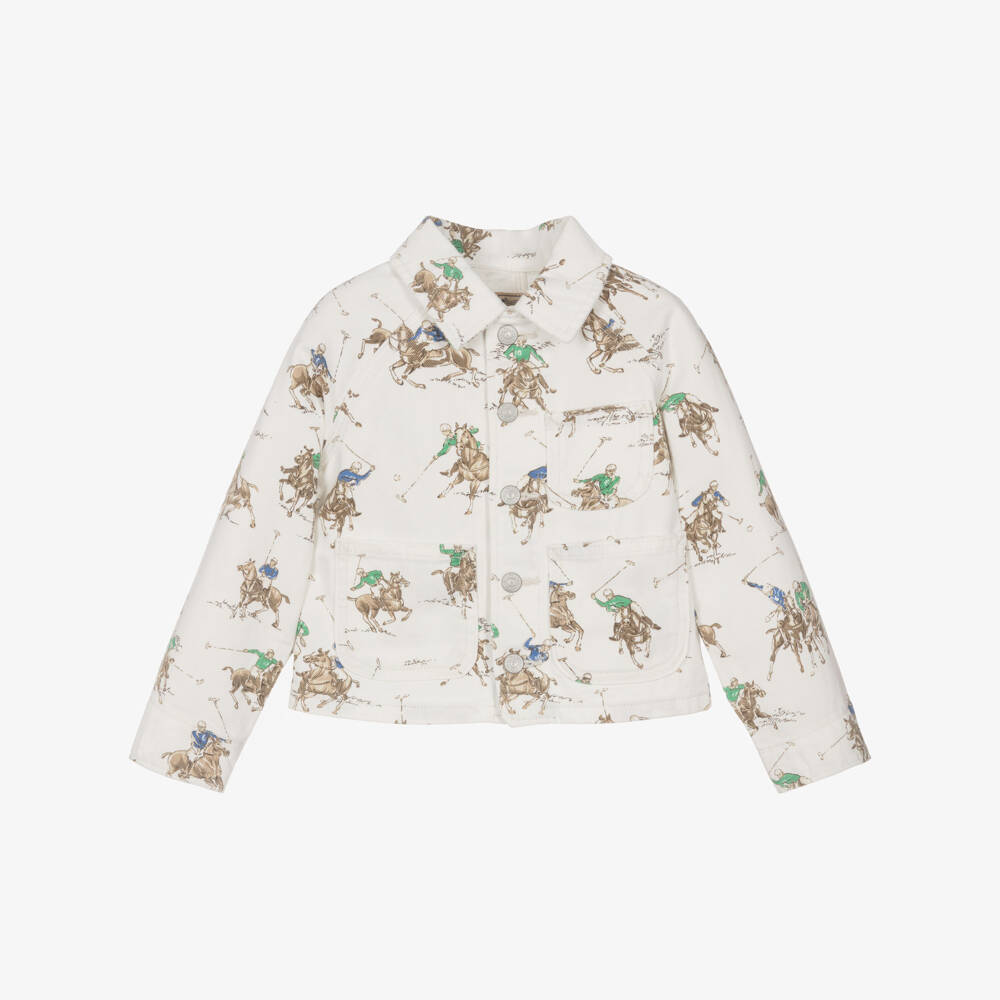 Ralph Lauren-Girls Ivory Denim Jacket with Pony & Rider Print | Childrensalon Outlet