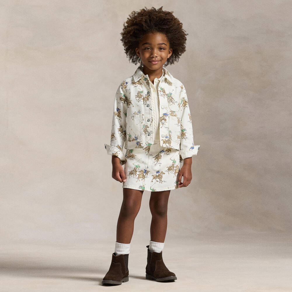 Ralph Lauren-Girls Ivory Denim Jacket with Pony & Rider Print | Childrensalon Outlet