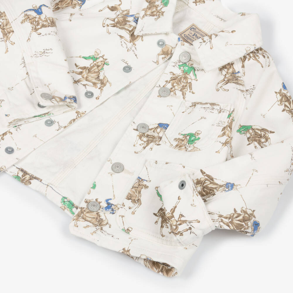 Ralph Lauren-Girls Ivory Denim Jacket with Pony & Rider Print | Childrensalon Outlet