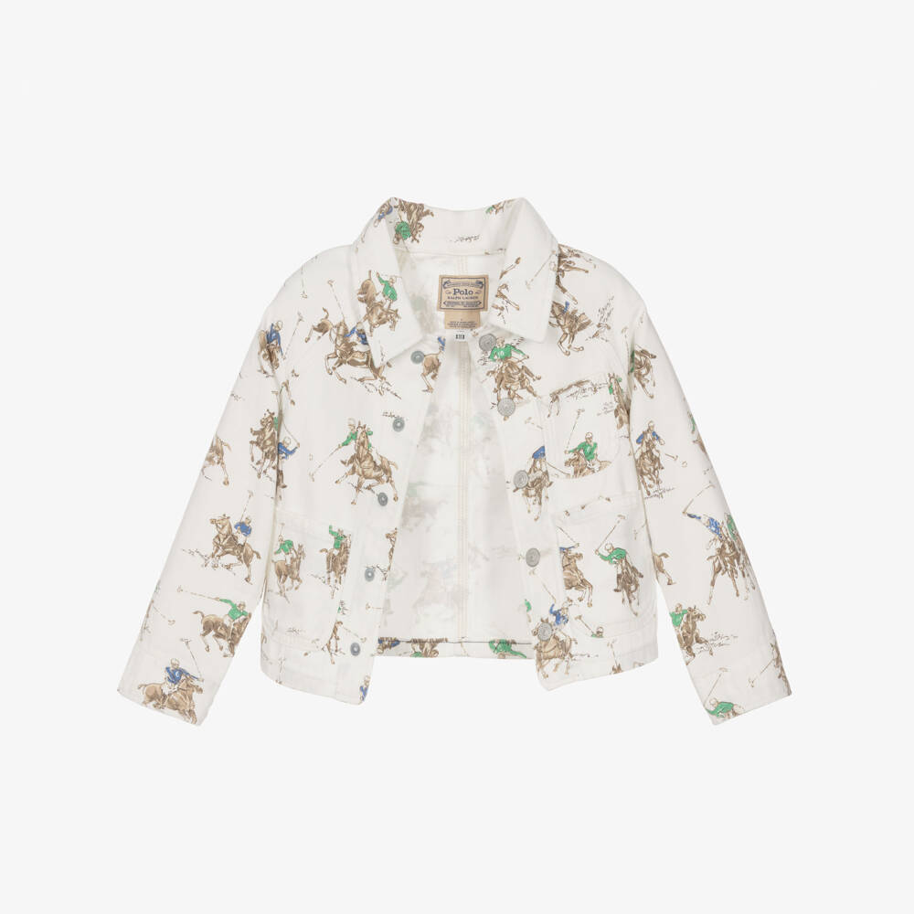Ralph Lauren-Girls Ivory Denim Jacket with Pony & Rider Print | Childrensalon Outlet