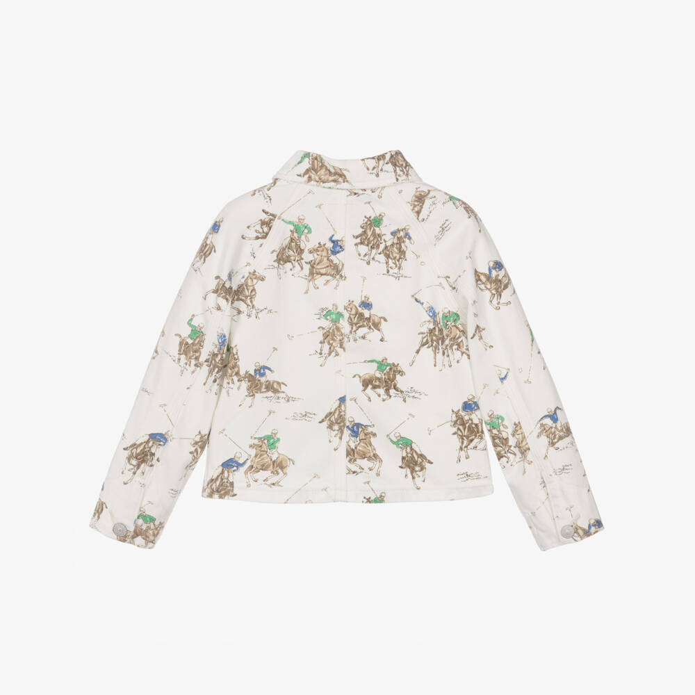 Ralph Lauren-Girls Ivory Denim Jacket with Pony & Rider Print | Childrensalon Outlet