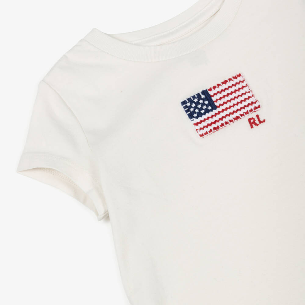 Ralph Lauren-Girls Ivory Embroidered Flag Cotton T-Shirt | Childrensalon Outlet