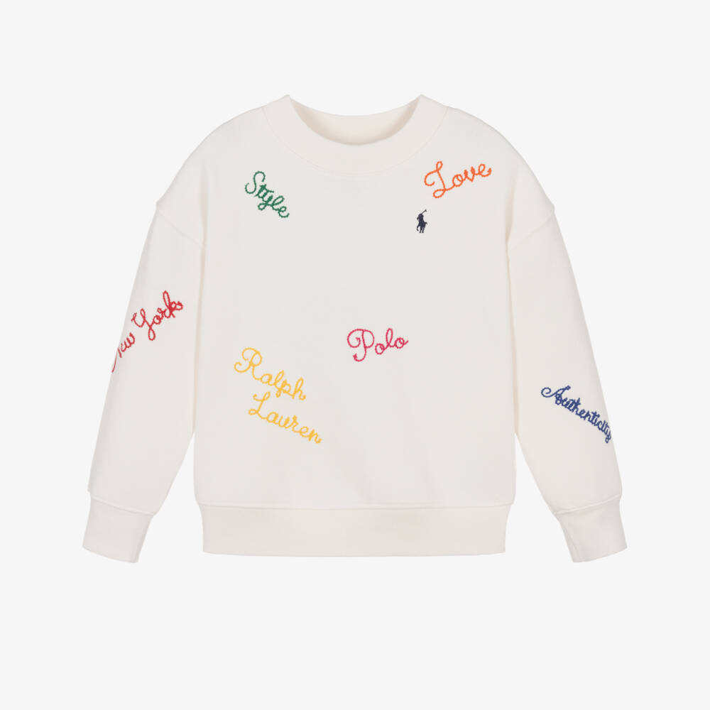 Ralph Lauren-Girls Ivory Embroidered Jersey Sweatshirt | Childrensalon Outlet
