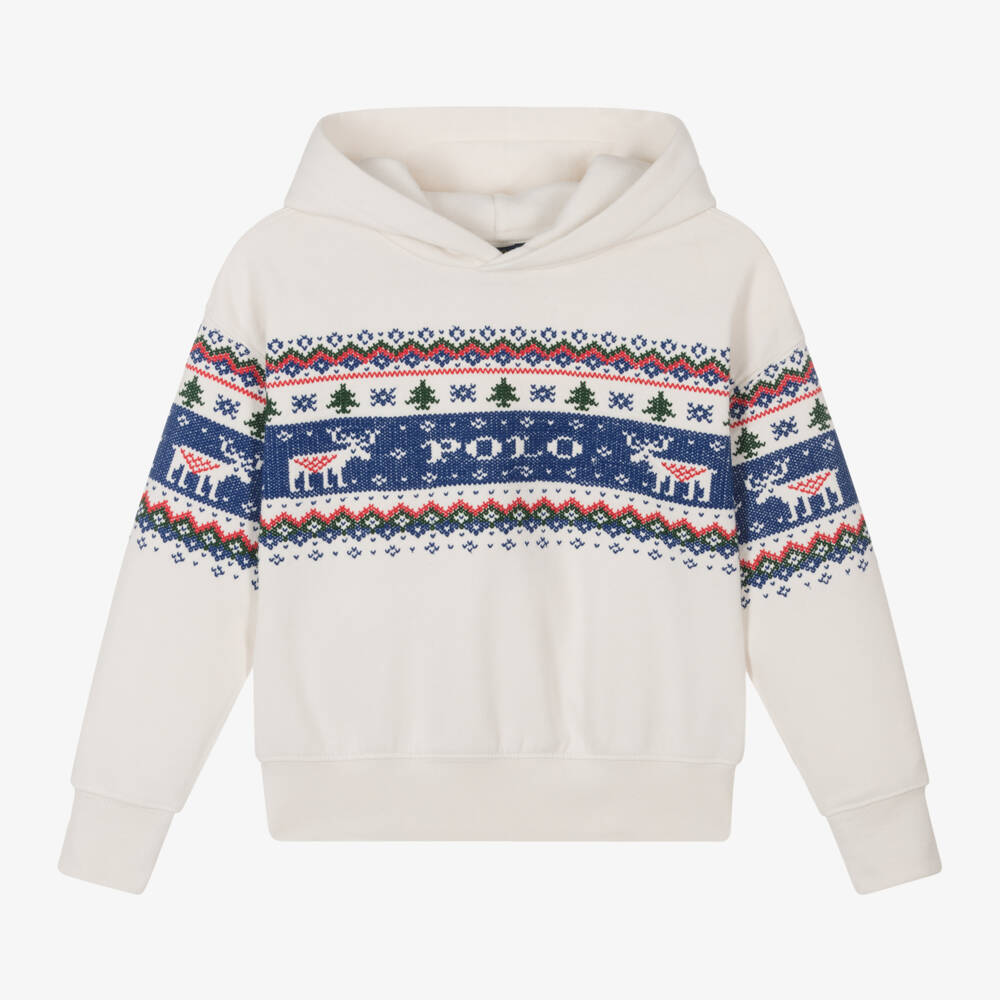 Ralph Lauren-Girls Ivory Fair Isle Knit Hoodie | Childrensalon Outlet