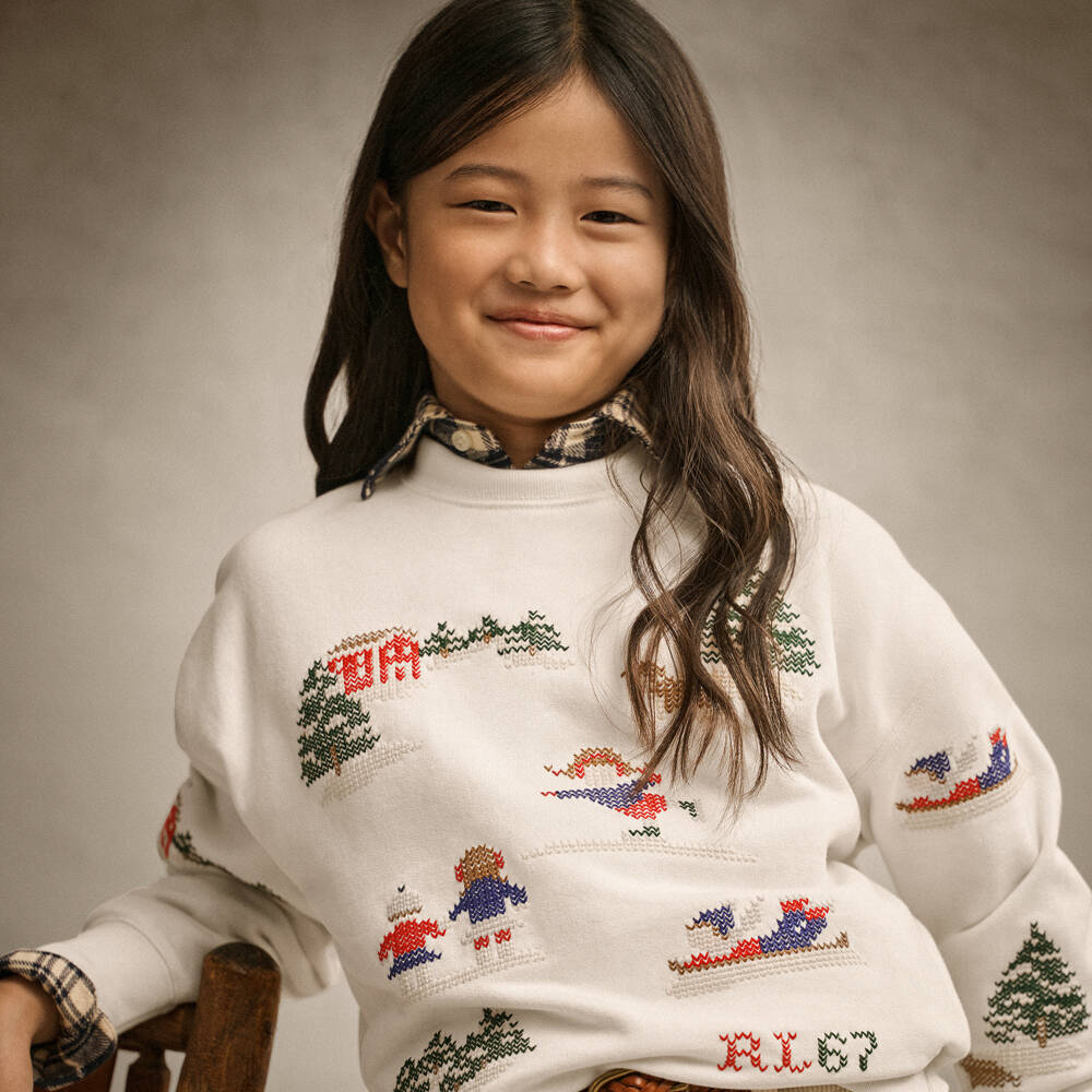 Ralph Lauren-Girls Ivory Festive Cotton Sweatshirt | Childrensalon Outlet