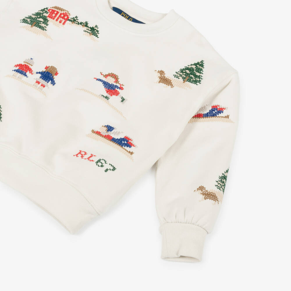 Ralph Lauren-Girls Ivory Festive Cotton Sweatshirt | Childrensalon Outlet