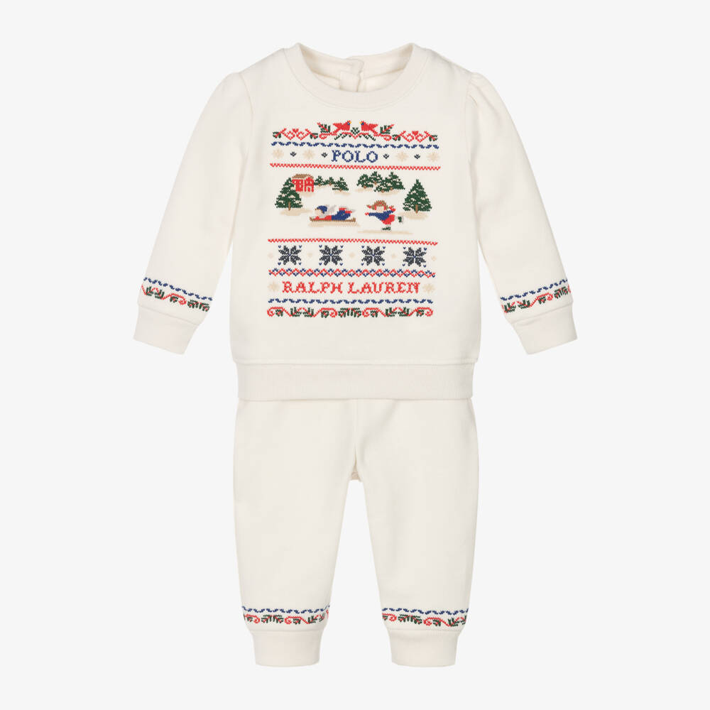 Ralph Lauren-Girls Ivory Festive Cotton Tracksuit | Childrensalon Outlet