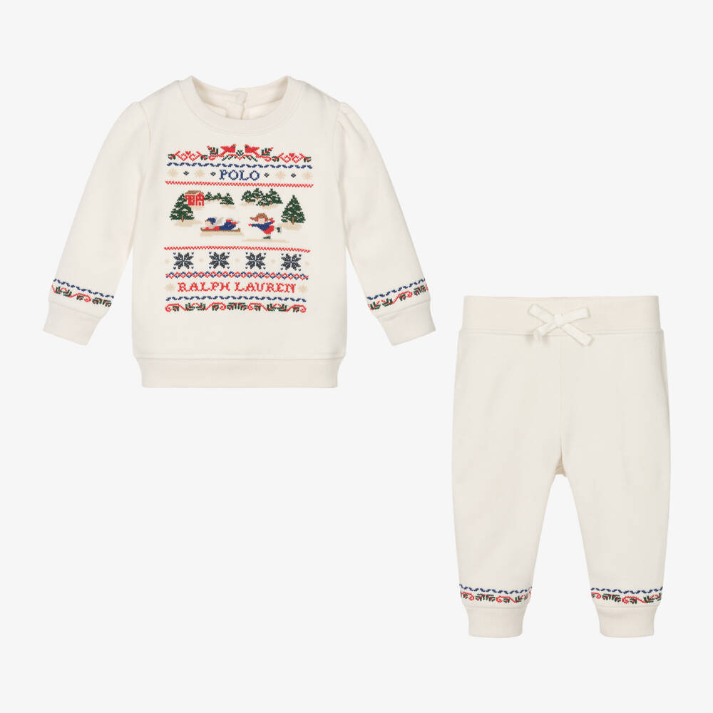 Ralph Lauren-Girls Ivory Festive Cotton Tracksuit | Childrensalon Outlet