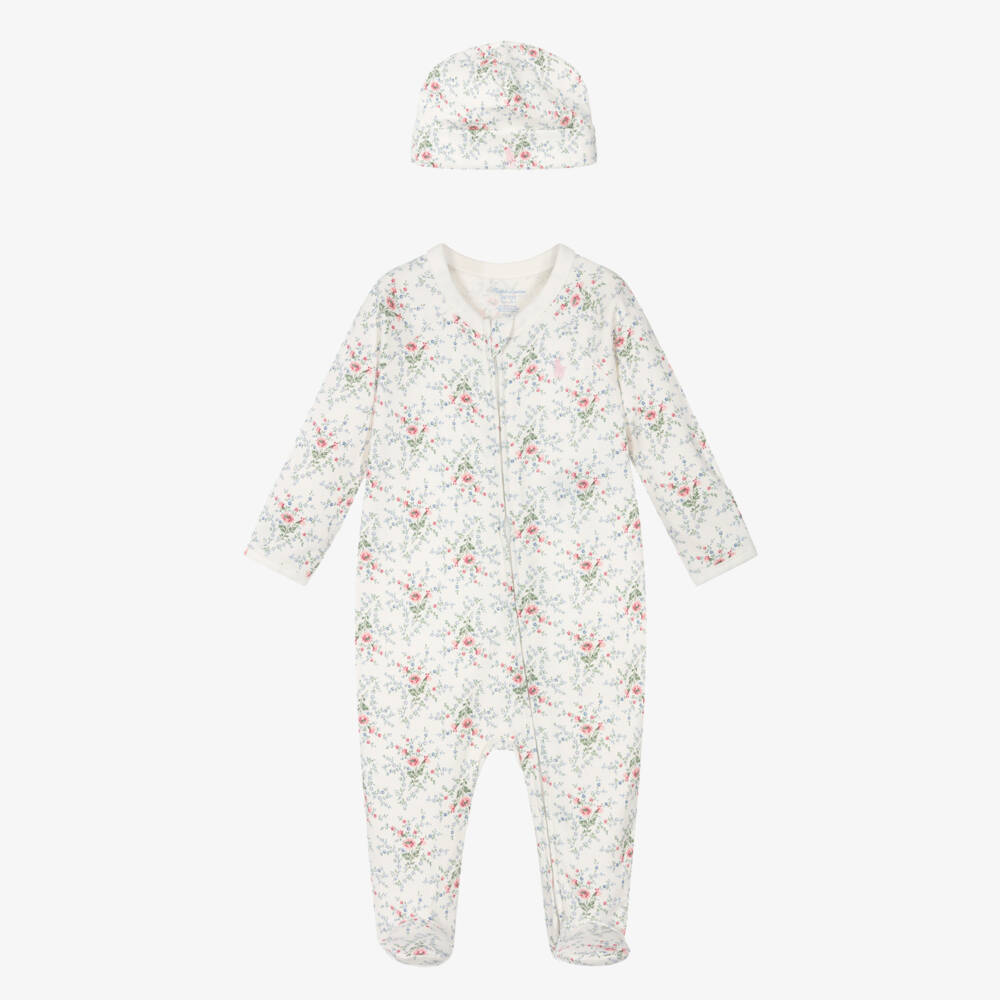 Ralph Lauren-Girls Ivory Floral Cotton Bodysuit Ensemble | Childrensalon Outlet