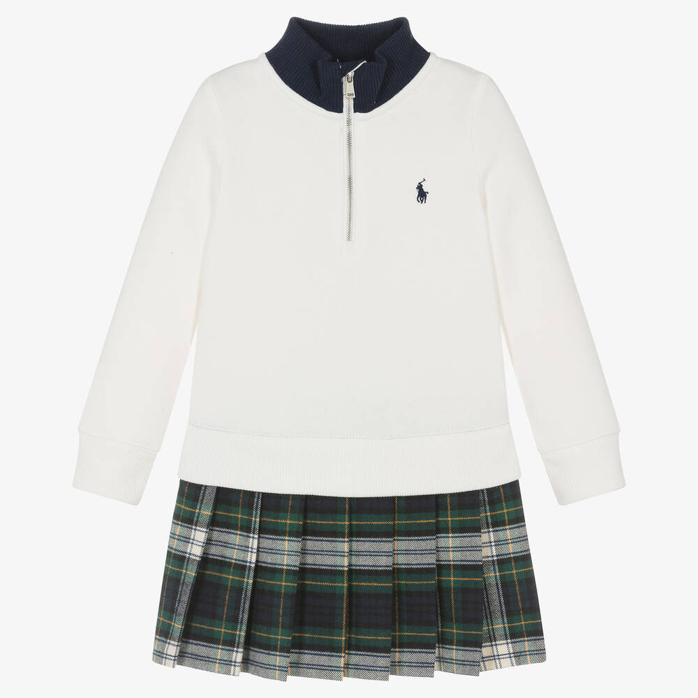 Ralph Lauren-فستان قطن جيرسي تارتان لون عاجي وأخضر | Childrensalon Outlet