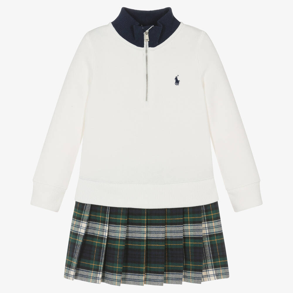 Ralph Lauren - Girls Ivory & Green Tartan Cotton Dress | Childrensalon