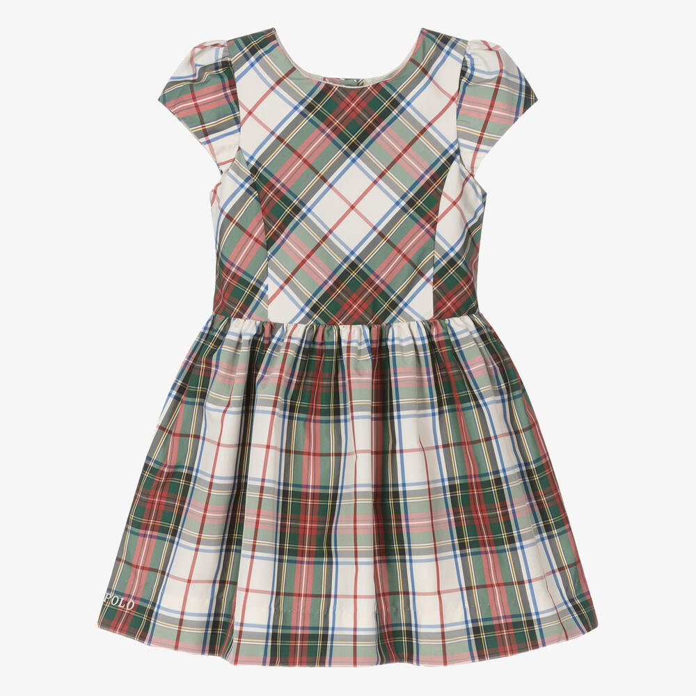 Ralph Lauren-Girls Ivory & Green Tartan Taffeta Dress | Childrensalon Outlet