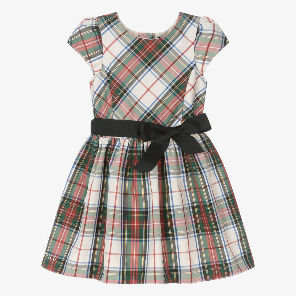 Ralph Lauren - Girls Ivory & Green Tartan Taffeta Dress | Childrensalon