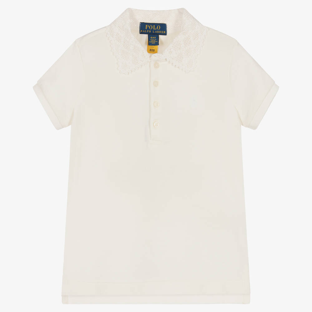 Ralph Lauren - Girls Ivory Lace Collar Polo Shirt | Childrensalon