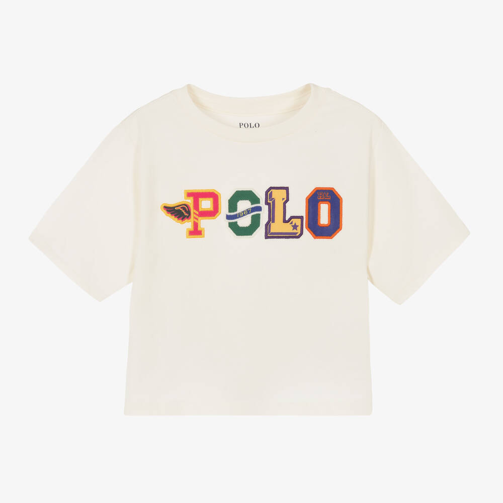 Polo Ralph Lauren - تيشيرت قطن لون عاجي للبنات | Childrensalon