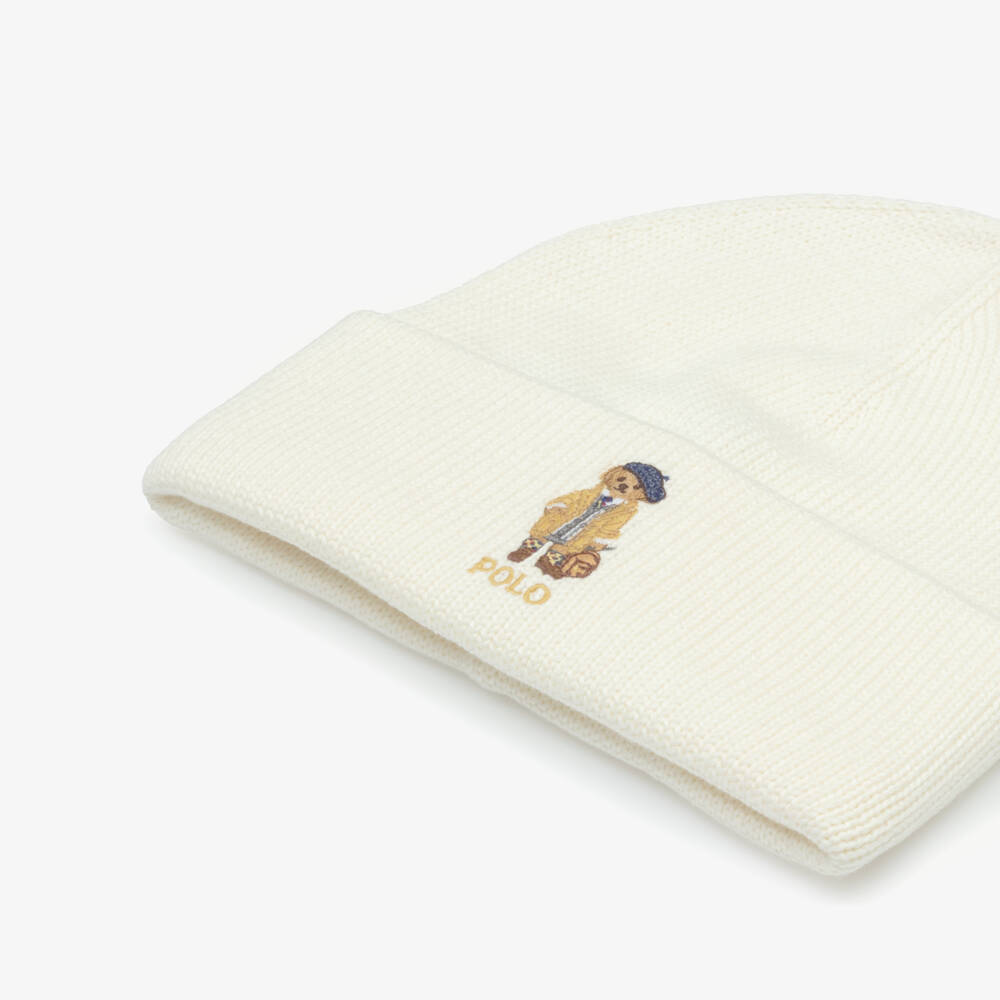 Ralph Lauren-Girls Ivory Polo Bear Cotton Knit Beanie Hat | Childrensalon Outlet