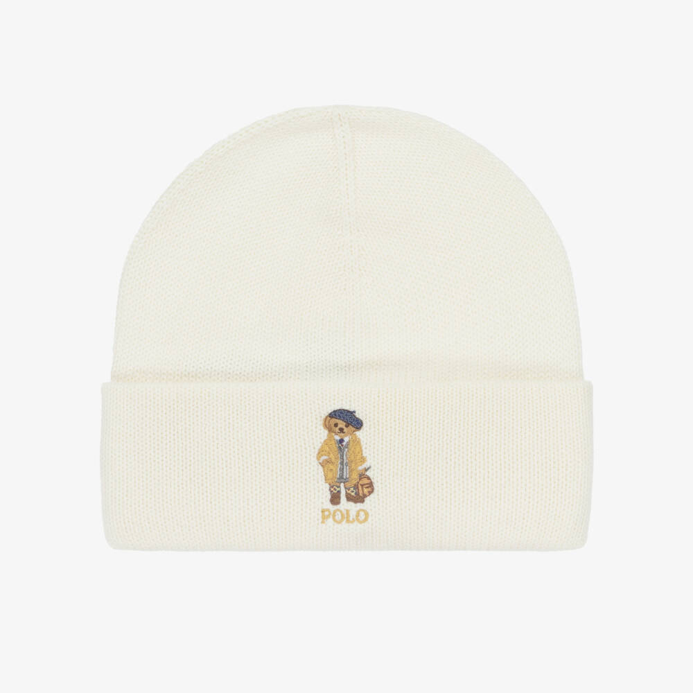 Ralph Lauren-Girls Ivory Polo Bear Cotton Knit Beanie Hat | Childrensalon Outlet
