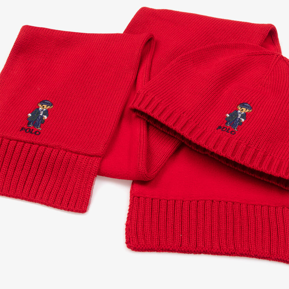 Ralph Lauren-طقم قبعة وسكارف محبوك لون أحمر للبنات | Childrensalon Outlet