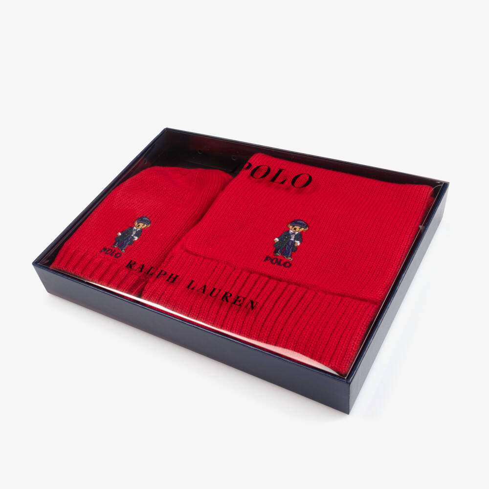 Ralph Lauren-طقم قبعة وسكارف محبوك لون أحمر للبنات | Childrensalon Outlet
