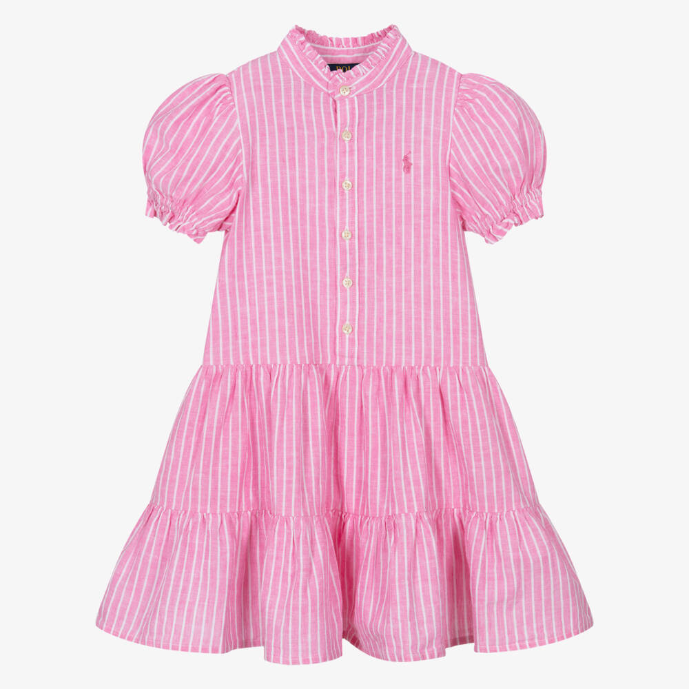 Ralph Lauren-فستان مخطط من الكتان والقطن للبنات | Childrensalon Outlet