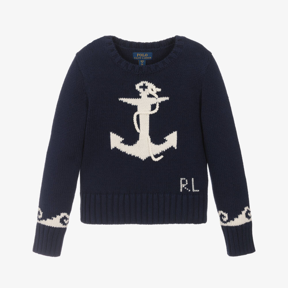 Ralph Lauren-Girls Nautical Knit Navy Pullover | Childrensalon Outlet