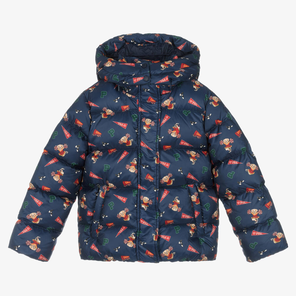 Ralph Lauren - Girls Navy Blue Bear Down Puffer Jacket | Childrensalon