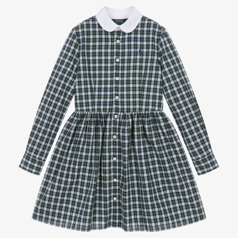 Ralph Lauren - Girls Navy Blue Check Cotton Dress | Childrensalon
