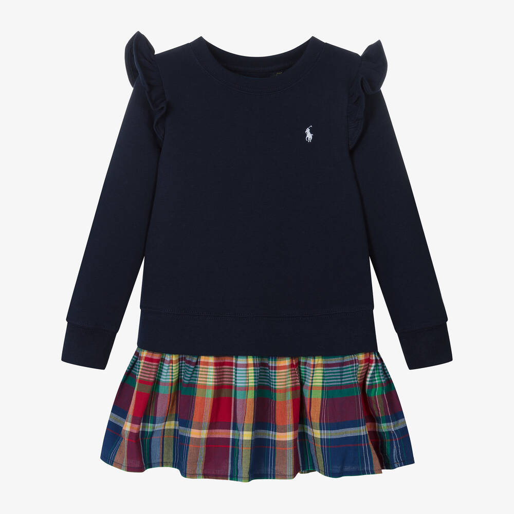 Ralph Lauren-فستان سويتشيرت قطن جيرسي كاروهات لون كحلي | Childrensalon Outlet