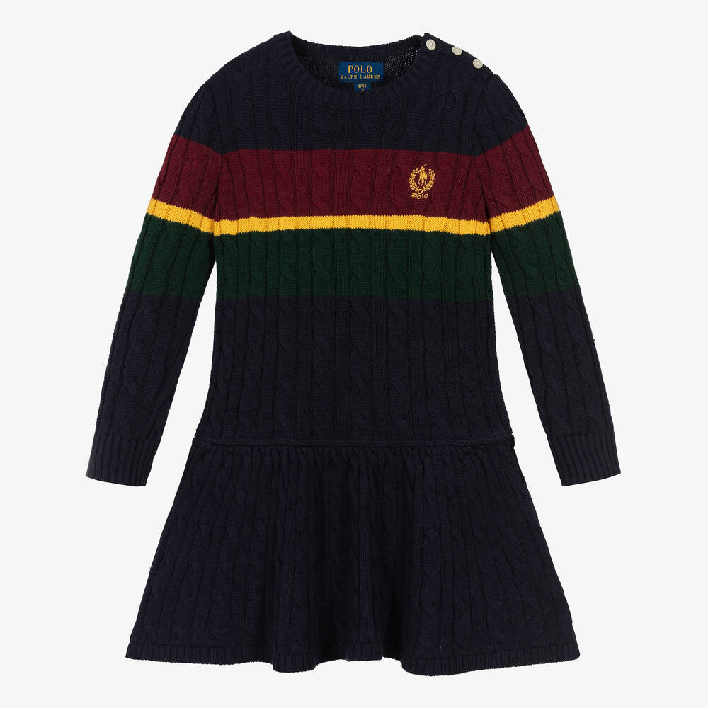 Ralph Lauren - Girls Navy Blue Cotton Cable-Knit Dress | Childrensalon