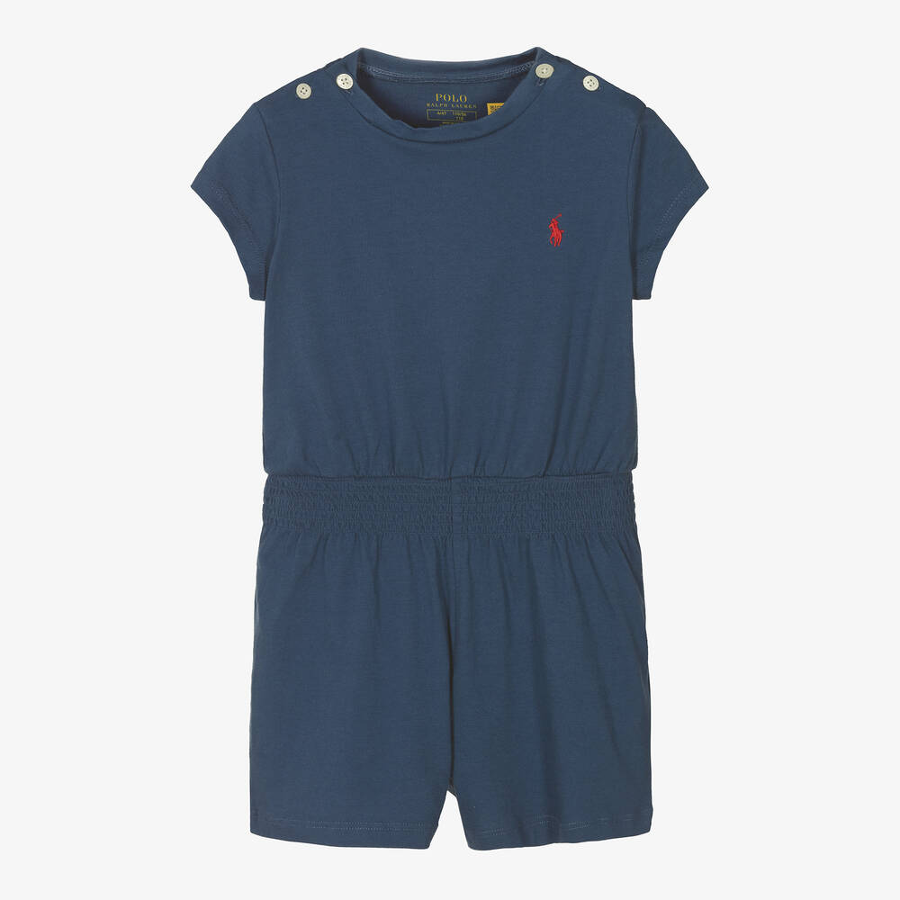 Polo Ralph Lauren - Girls Navy Blue Cotton Playsuit | Childrensalon