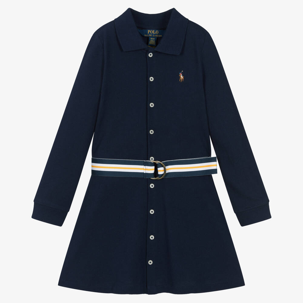 Ralph Lauren - Girls Navy Blue Cotton Shirt Dress | Childrensalon