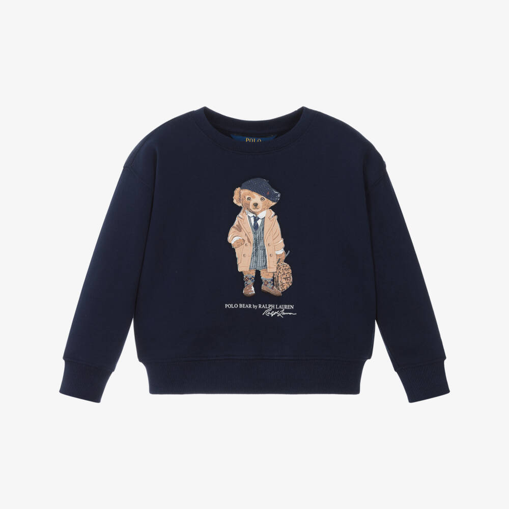Ralph Lauren-Girls Navy Blue Cotton Sweatshirt with Polo Bear Motif | Childrensalon Outlet