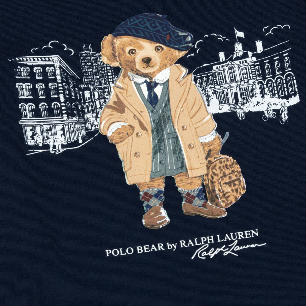 Ralph Lauren-Girls Navy Blue Cotton T-Shirt with Polo Bear Graphic | Childrensalon Outlet